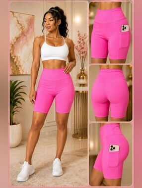 Bright Pink Biker Shorts | High-Waisted Stretch Active Shorts with Side Pocket